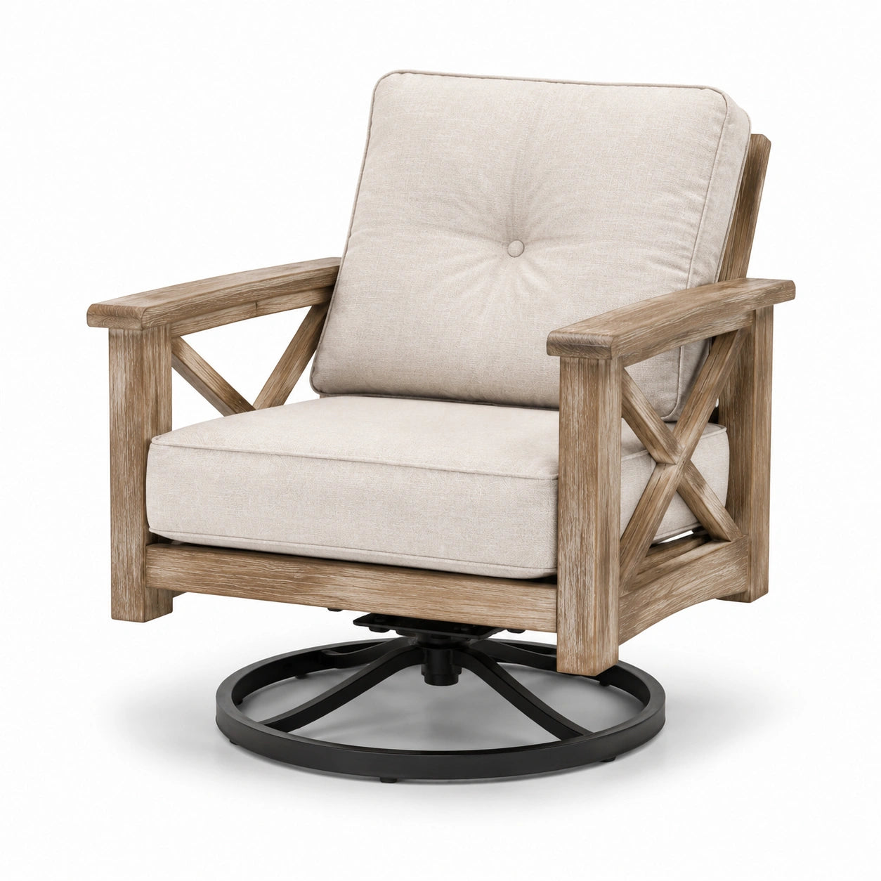 Drehbarer Sessel aus Holz und Leinen in Beige