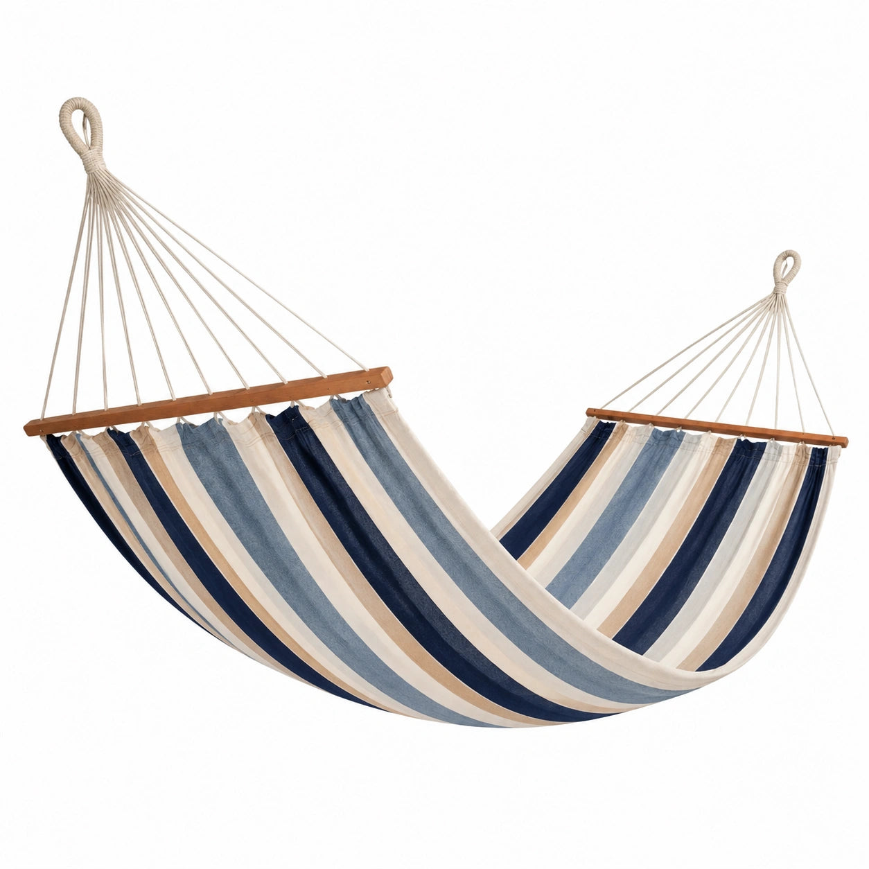 Baumwoll-Hängematte mit Holzstreben, Streifen Blau/Beige/Weiß 210x150cm