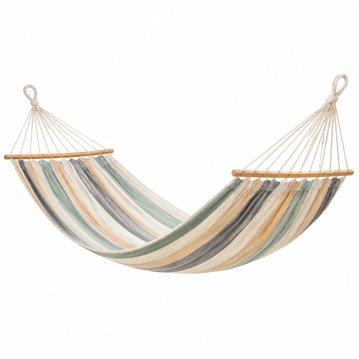 Baumwoll-Hängematte mit Holzstange 200x150 cm Beige/Grün/Grau