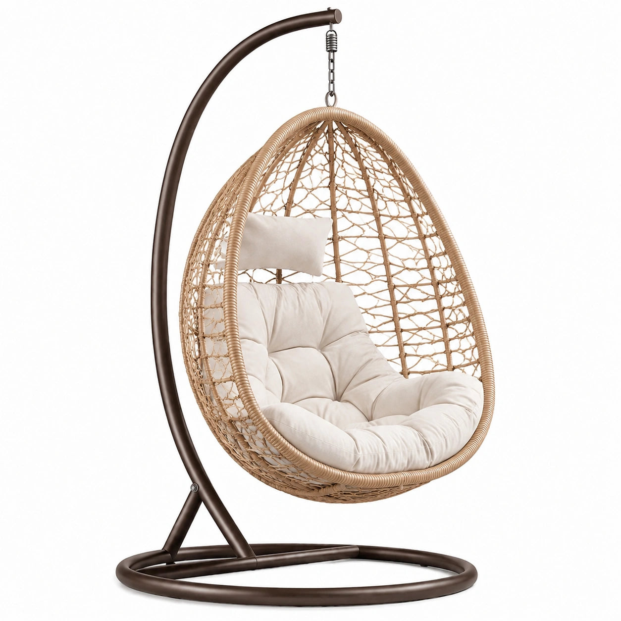 Rattan-Hängesessel mit Stahlgestell und Polyesterkissen Beige