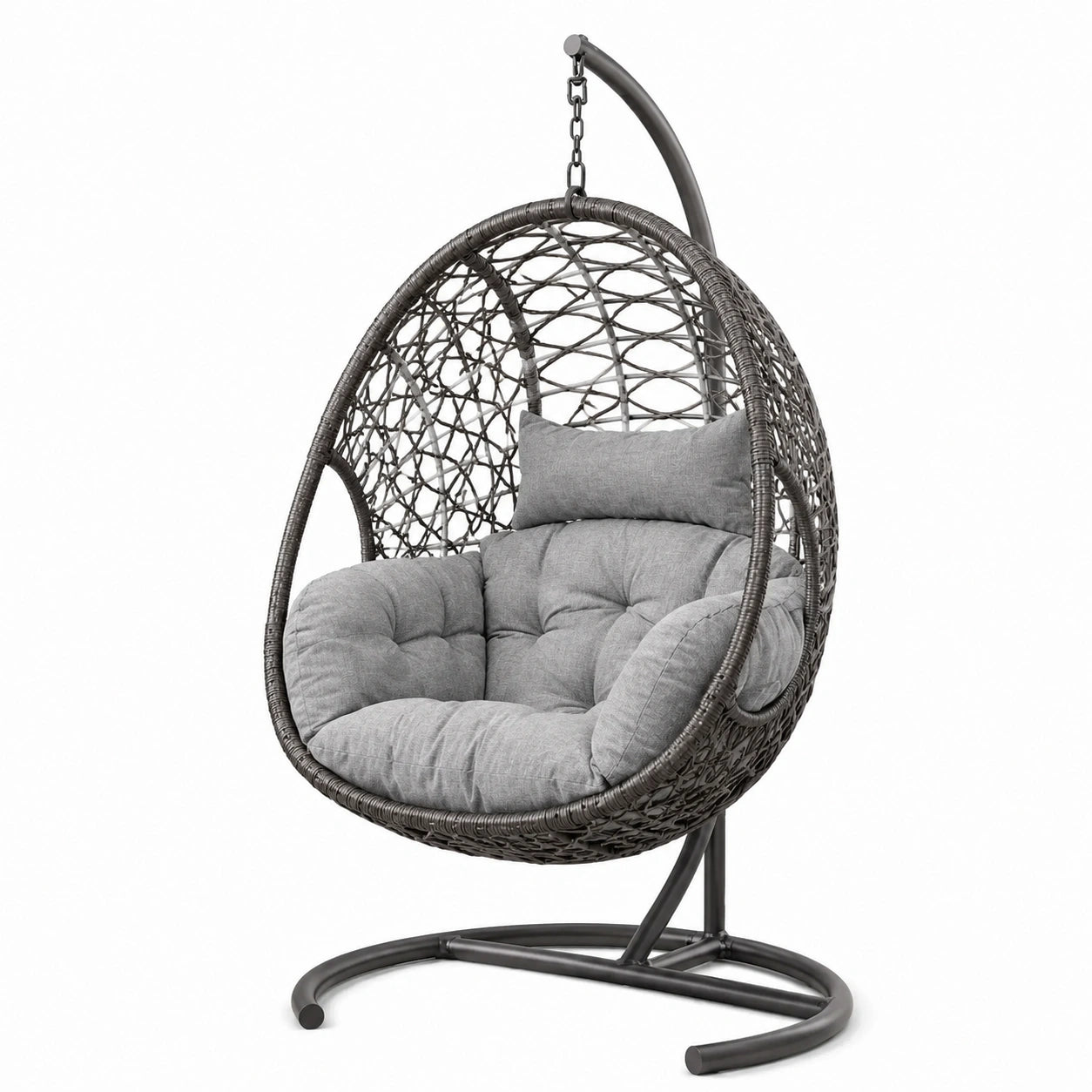 Polyrattan Hängesessel mit Stahlgestell und grauen Kissen