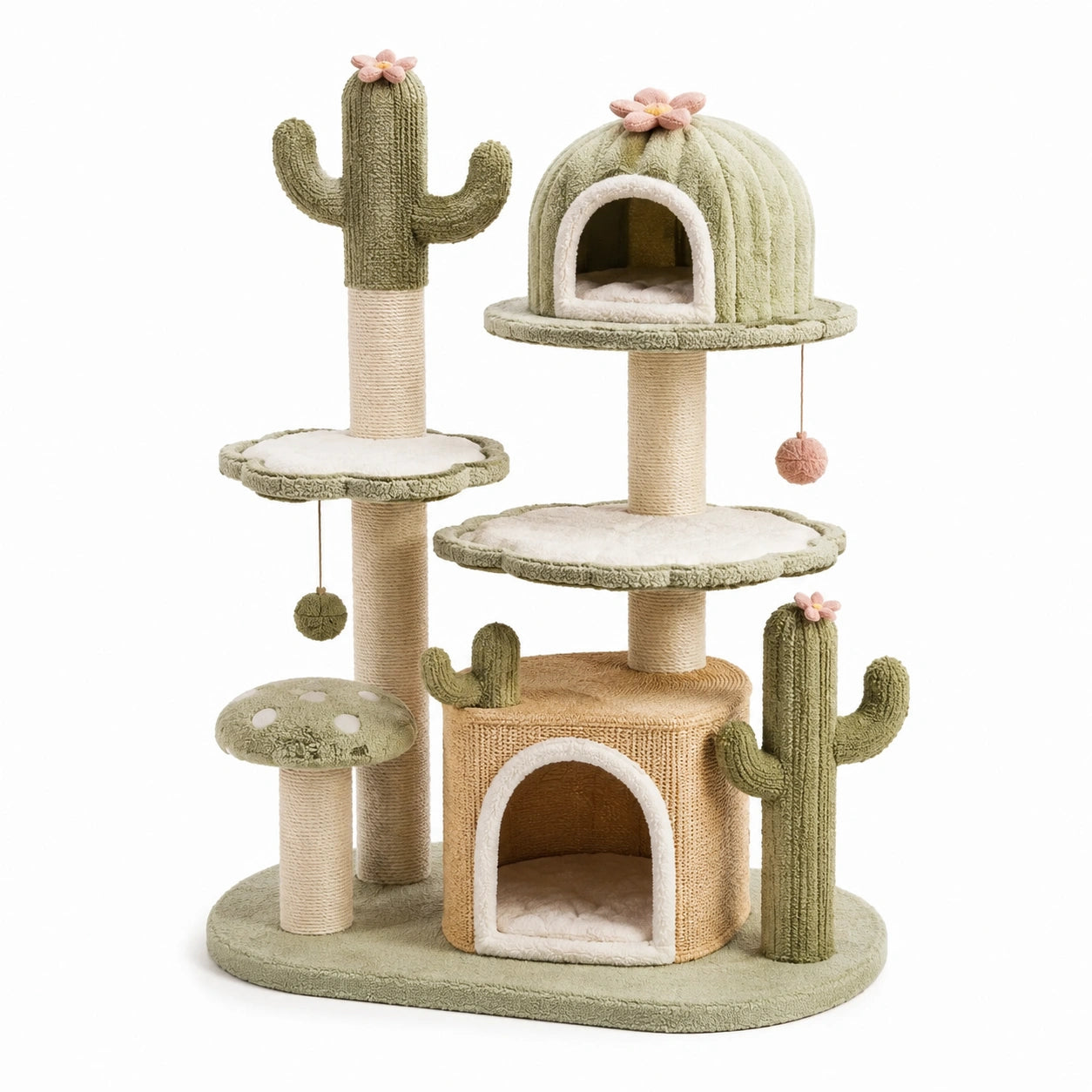 Katzenkratzbaum Kaktus-Design, 3 Ebenen, Sisalseil, Stoff, Grün/Creme, 120 cm